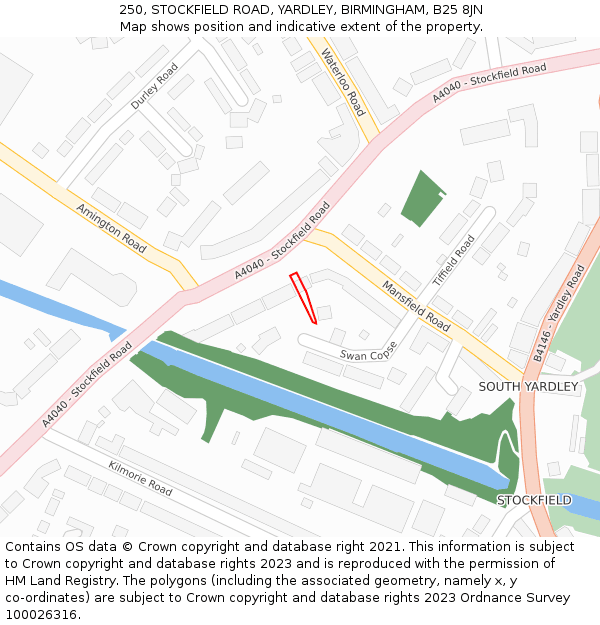 250, STOCKFIELD ROAD, YARDLEY, BIRMINGHAM, B25 8JN: Location map and indicative extent of plot