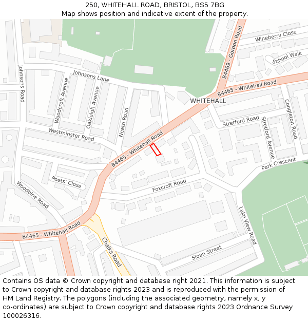 250, WHITEHALL ROAD, BRISTOL, BS5 7BG: Location map and indicative extent of plot