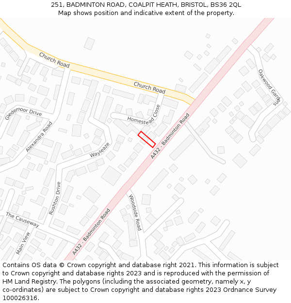 251, BADMINTON ROAD, COALPIT HEATH, BRISTOL, BS36 2QL: Location map and indicative extent of plot