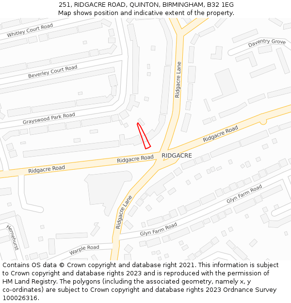 251, RIDGACRE ROAD, QUINTON, BIRMINGHAM, B32 1EG: Location map and indicative extent of plot