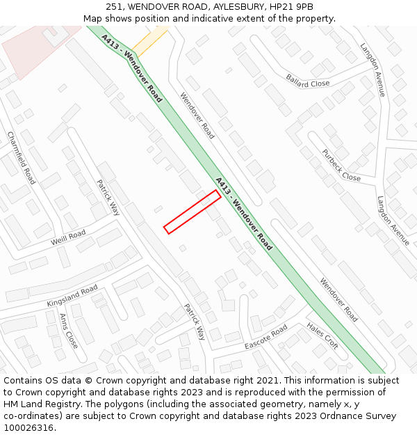 251, WENDOVER ROAD, AYLESBURY, HP21 9PB: Location map and indicative extent of plot