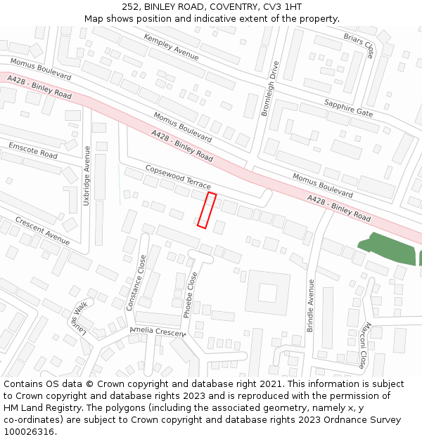 252, BINLEY ROAD, COVENTRY, CV3 1HT: Location map and indicative extent of plot