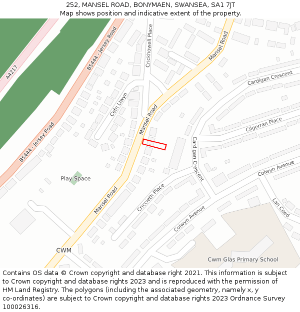 252, MANSEL ROAD, BONYMAEN, SWANSEA, SA1 7JT: Location map and indicative extent of plot