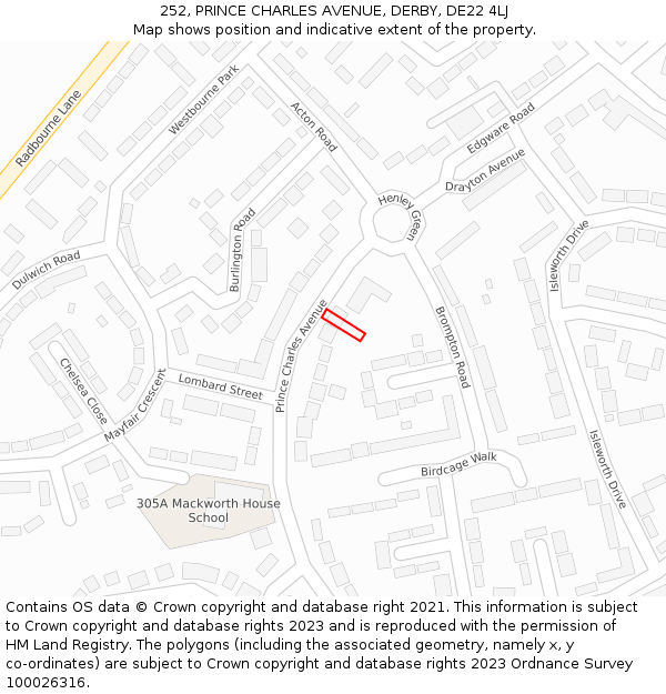 252, PRINCE CHARLES AVENUE, DERBY, DE22 4LJ: Location map and indicative extent of plot