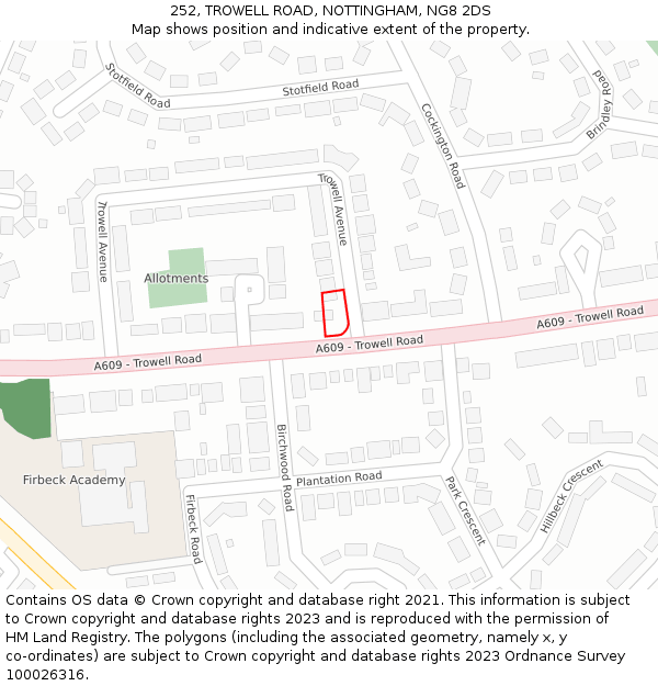 252, TROWELL ROAD, NOTTINGHAM, NG8 2DS: Location map and indicative extent of plot