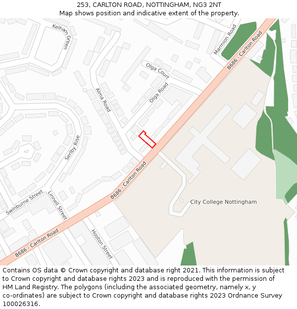 253, CARLTON ROAD, NOTTINGHAM, NG3 2NT: Location map and indicative extent of plot