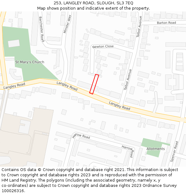 253, LANGLEY ROAD, SLOUGH, SL3 7EQ: Location map and indicative extent of plot