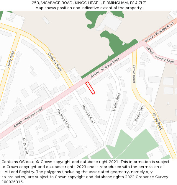 253, VICARAGE ROAD, KINGS HEATH, BIRMINGHAM, B14 7LZ: Location map and indicative extent of plot