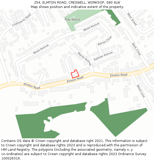 254, ELMTON ROAD, CRESWELL, WORKSOP, S80 4LW: Location map and indicative extent of plot