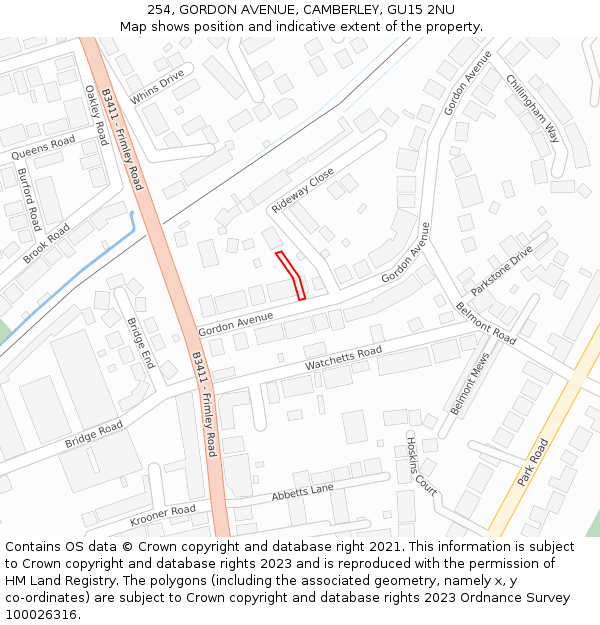 254, GORDON AVENUE, CAMBERLEY, GU15 2NU: Location map and indicative extent of plot