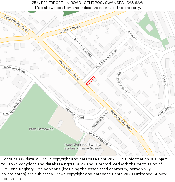 254, PENTREGETHIN ROAD, GENDROS, SWANSEA, SA5 8AW: Location map and indicative extent of plot