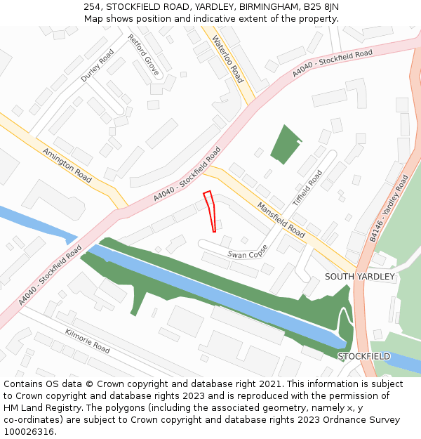 254, STOCKFIELD ROAD, YARDLEY, BIRMINGHAM, B25 8JN: Location map and indicative extent of plot