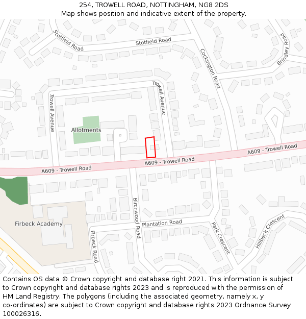 254, TROWELL ROAD, NOTTINGHAM, NG8 2DS: Location map and indicative extent of plot