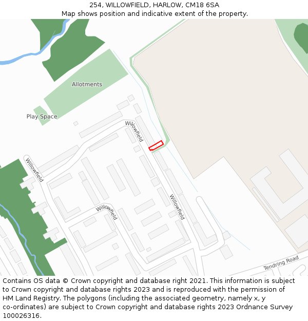 254, WILLOWFIELD, HARLOW, CM18 6SA: Location map and indicative extent of plot