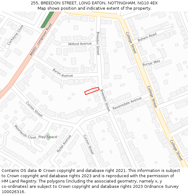 255, BREEDON STREET, LONG EATON, NOTTINGHAM, NG10 4EX: Location map and indicative extent of plot