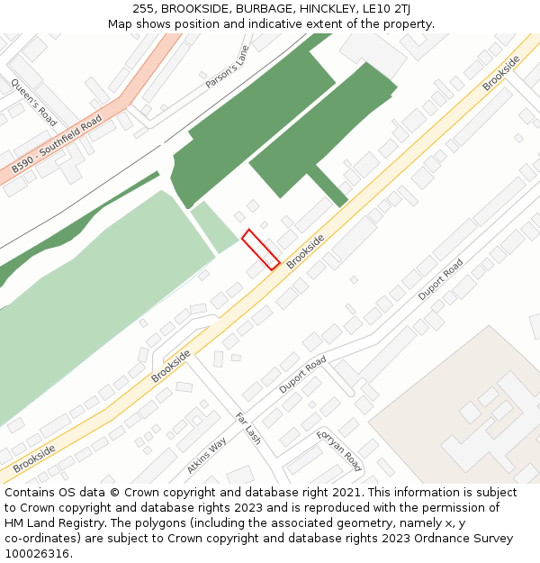 255, BROOKSIDE, BURBAGE, HINCKLEY, LE10 2TJ: Location map and indicative extent of plot