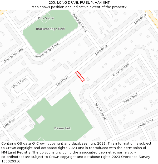 255, LONG DRIVE, RUISLIP, HA4 0HT: Location map and indicative extent of plot