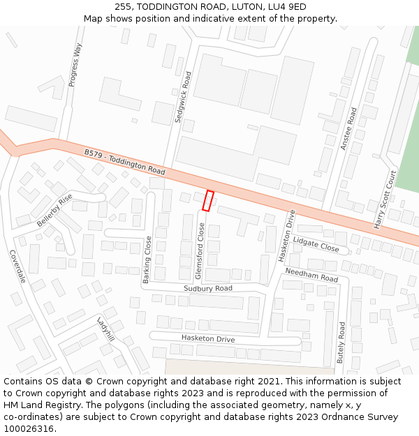 255, TODDINGTON ROAD, LUTON, LU4 9ED: Location map and indicative extent of plot