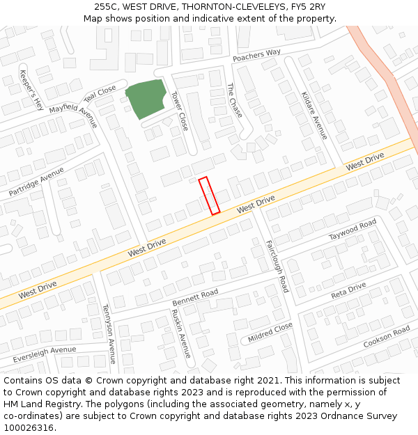 255C, WEST DRIVE, THORNTON-CLEVELEYS, FY5 2RY: Location map and indicative extent of plot