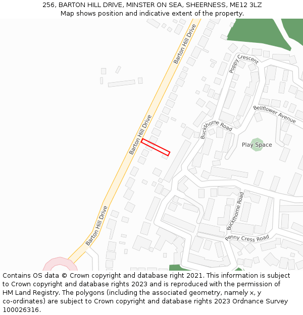 256, BARTON HILL DRIVE, MINSTER ON SEA, SHEERNESS, ME12 3LZ: Location map and indicative extent of plot