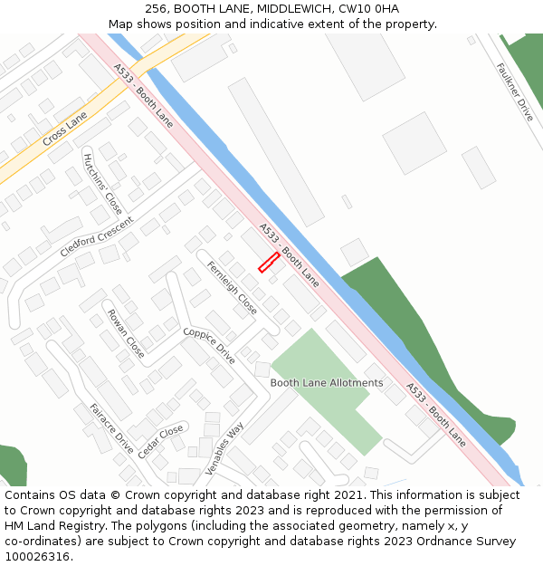 256, BOOTH LANE, MIDDLEWICH, CW10 0HA: Location map and indicative extent of plot