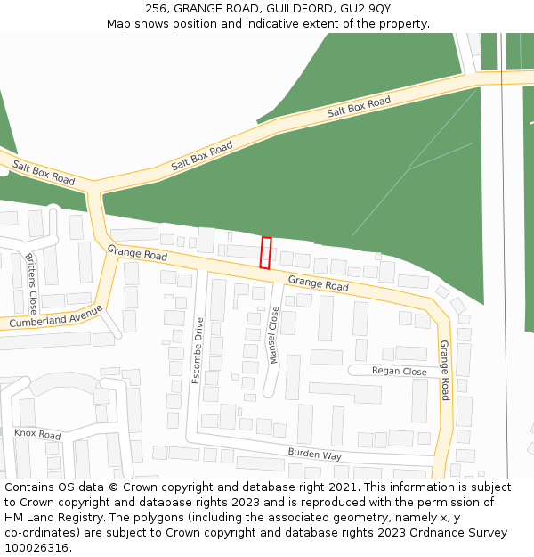 256, GRANGE ROAD, GUILDFORD, GU2 9QY: Location map and indicative extent of plot