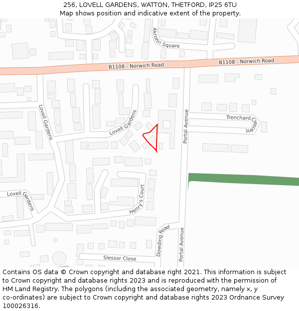 256, LOVELL GARDENS, WATTON, THETFORD, IP25 6TU: Location map and indicative extent of plot