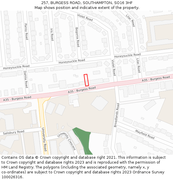 257, BURGESS ROAD, SOUTHAMPTON, SO16 3HF: Location map and indicative extent of plot