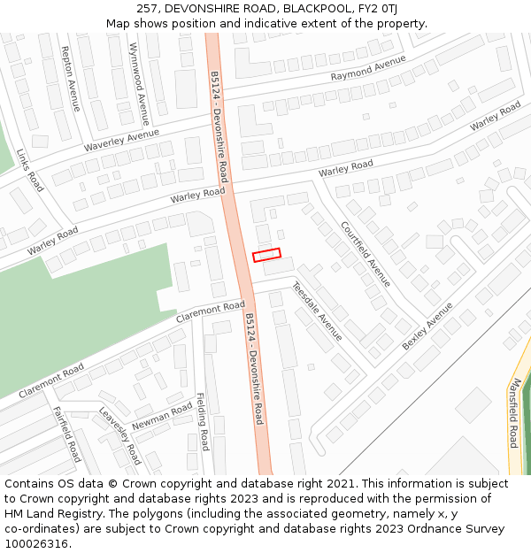 257, DEVONSHIRE ROAD, BLACKPOOL, FY2 0TJ: Location map and indicative extent of plot