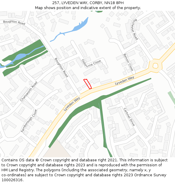 257, LYVEDEN WAY, CORBY, NN18 8PH: Location map and indicative extent of plot
