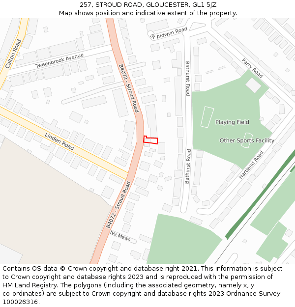 257, STROUD ROAD, GLOUCESTER, GL1 5JZ: Location map and indicative extent of plot