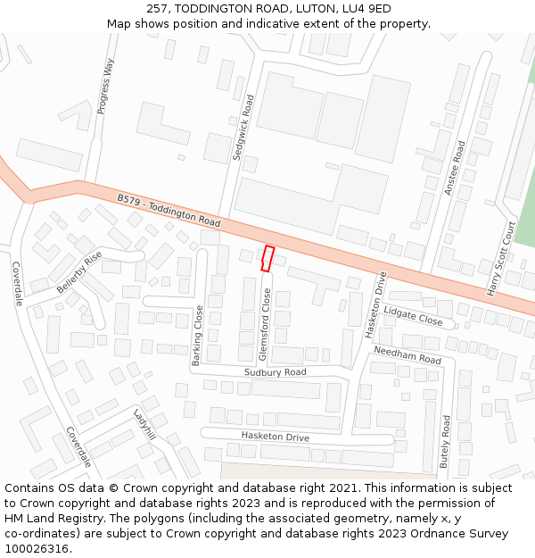 257, TODDINGTON ROAD, LUTON, LU4 9ED: Location map and indicative extent of plot