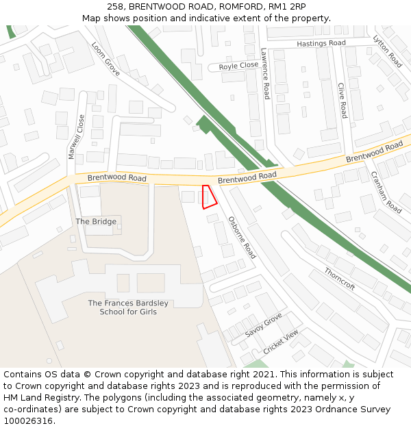 258, BRENTWOOD ROAD, ROMFORD, RM1 2RP: Location map and indicative extent of plot