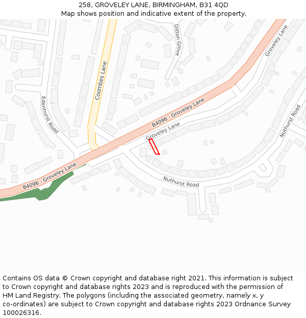 258, GROVELEY LANE, BIRMINGHAM, B31 4QD: Location map and indicative extent of plot