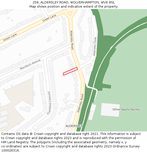 259, ALDERSLEY ROAD, WOLVERHAMPTON, WV6 9NL: Location map and indicative extent of plot