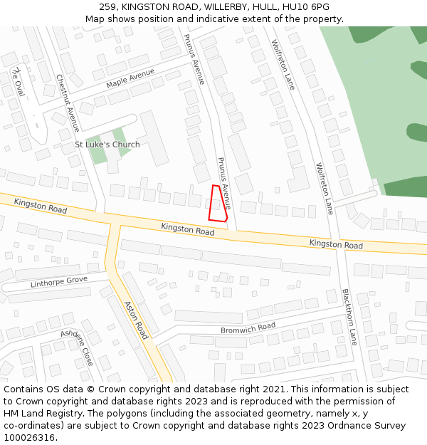 259, KINGSTON ROAD, WILLERBY, HULL, HU10 6PG: Location map and indicative extent of plot