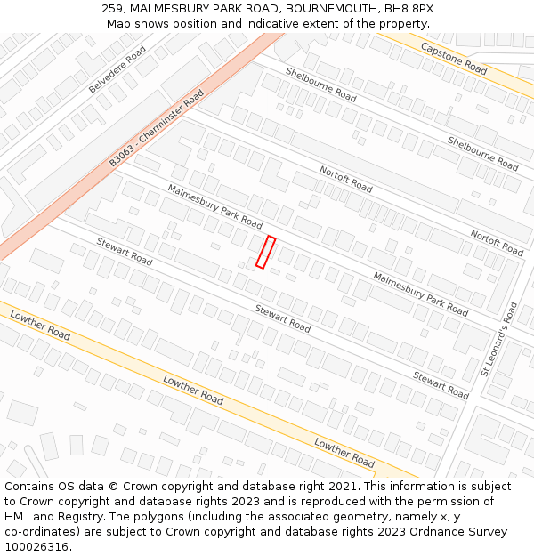 259, MALMESBURY PARK ROAD, BOURNEMOUTH, BH8 8PX: Location map and indicative extent of plot