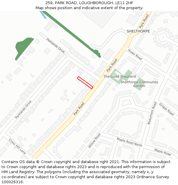 259, PARK ROAD, LOUGHBOROUGH, LE11 2HF: Location map and indicative extent of plot