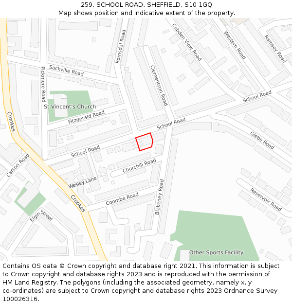 259, SCHOOL ROAD, SHEFFIELD, S10 1GQ: Location map and indicative extent of plot