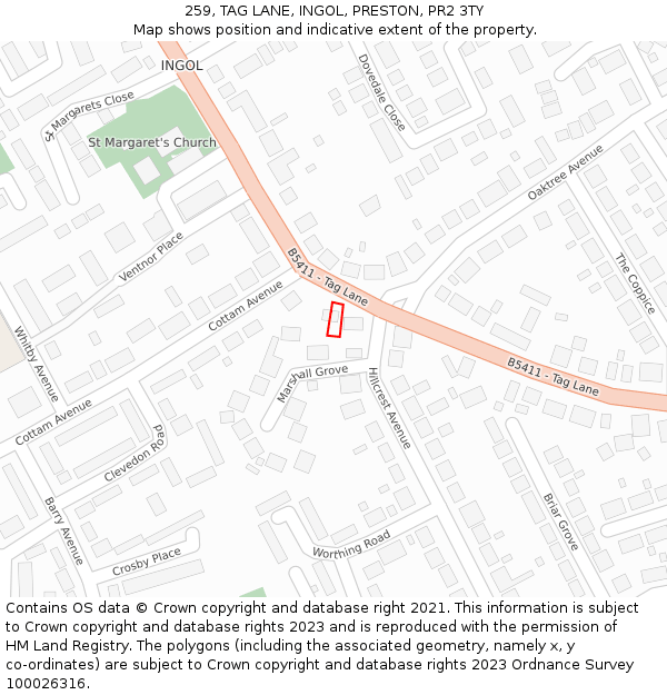 259, TAG LANE, INGOL, PRESTON, PR2 3TY: Location map and indicative extent of plot