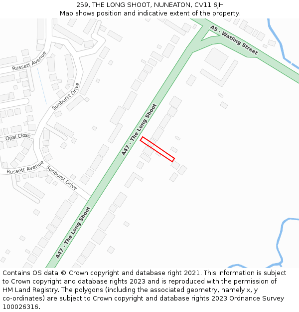 259, THE LONG SHOOT, NUNEATON, CV11 6JH: Location map and indicative extent of plot