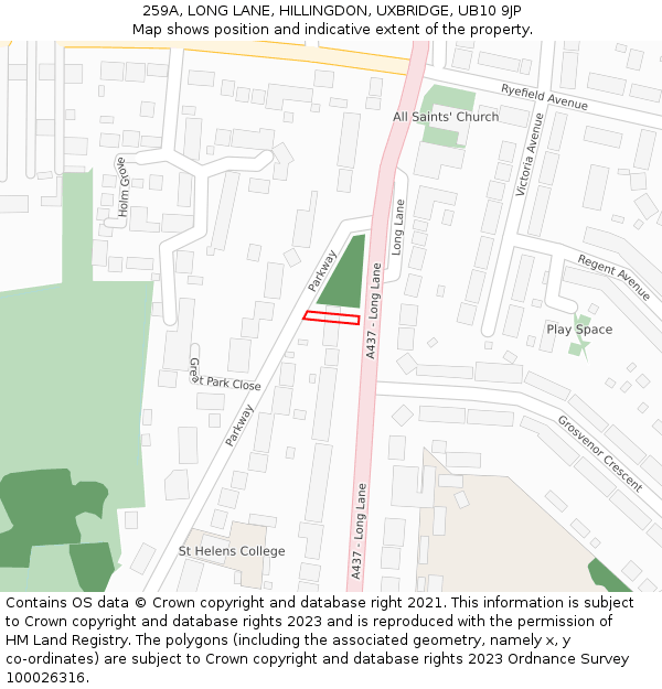 259A, LONG LANE, HILLINGDON, UXBRIDGE, UB10 9JP: Location map and indicative extent of plot