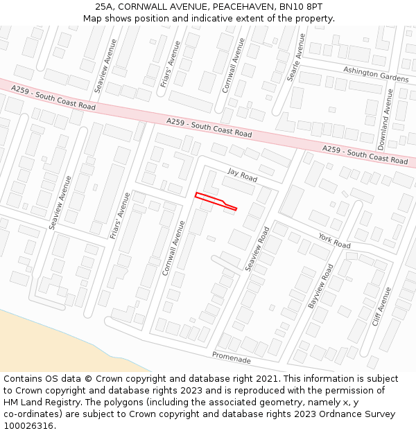 25A, CORNWALL AVENUE, PEACEHAVEN, BN10 8PT: Location map and indicative extent of plot