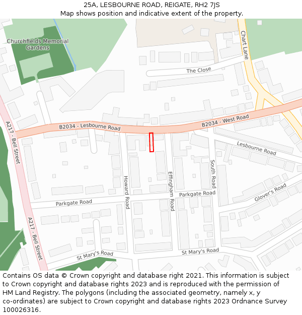 25A, LESBOURNE ROAD, REIGATE, RH2 7JS: Location map and indicative extent of plot