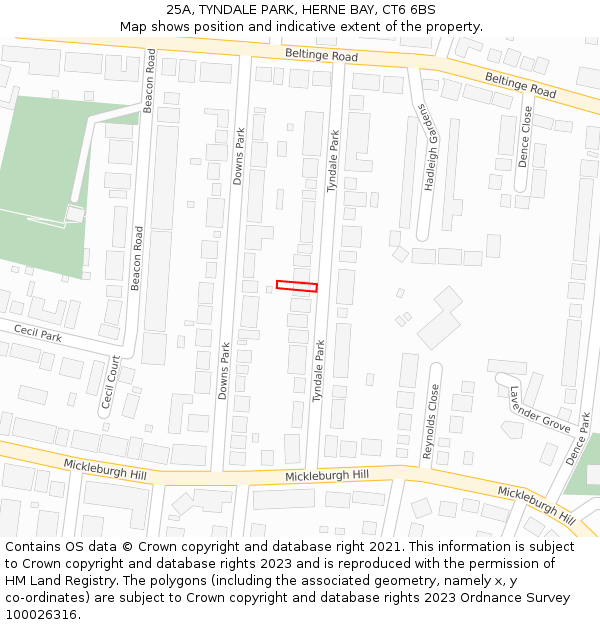 25A, TYNDALE PARK, HERNE BAY, CT6 6BS: Location map and indicative extent of plot