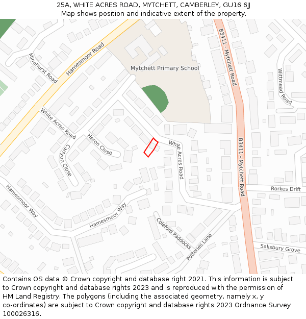 25A, WHITE ACRES ROAD, MYTCHETT, CAMBERLEY, GU16 6JJ: Location map and indicative extent of plot