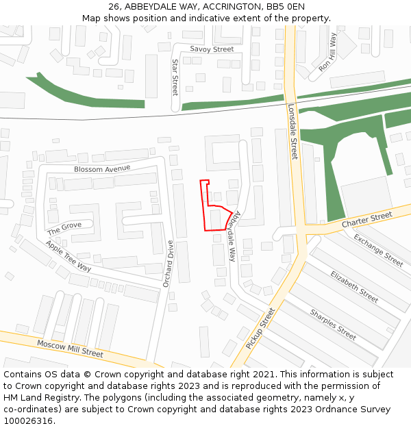 26, ABBEYDALE WAY, ACCRINGTON, BB5 0EN: Location map and indicative extent of plot