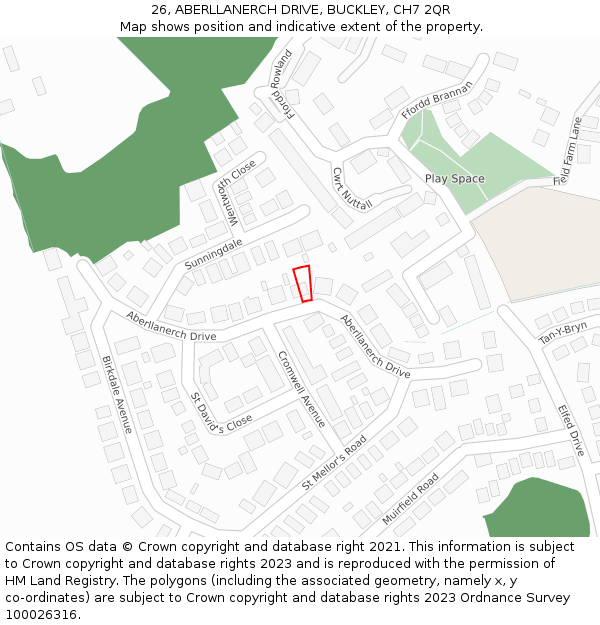 26, ABERLLANERCH DRIVE, BUCKLEY, CH7 2QR: Location map and indicative extent of plot