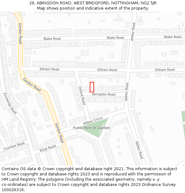 26, ABINGDON ROAD, WEST BRIDGFORD, NOTTINGHAM, NG2 5JR: Location map and indicative extent of plot