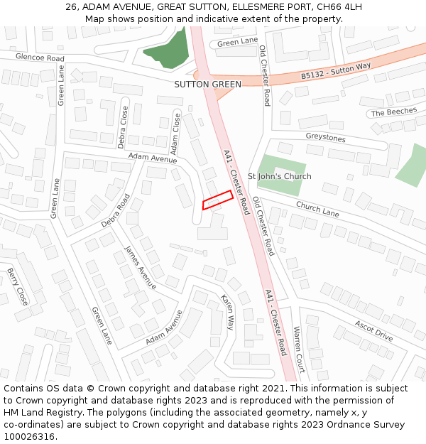 26, ADAM AVENUE, GREAT SUTTON, ELLESMERE PORT, CH66 4LH: Location map and indicative extent of plot